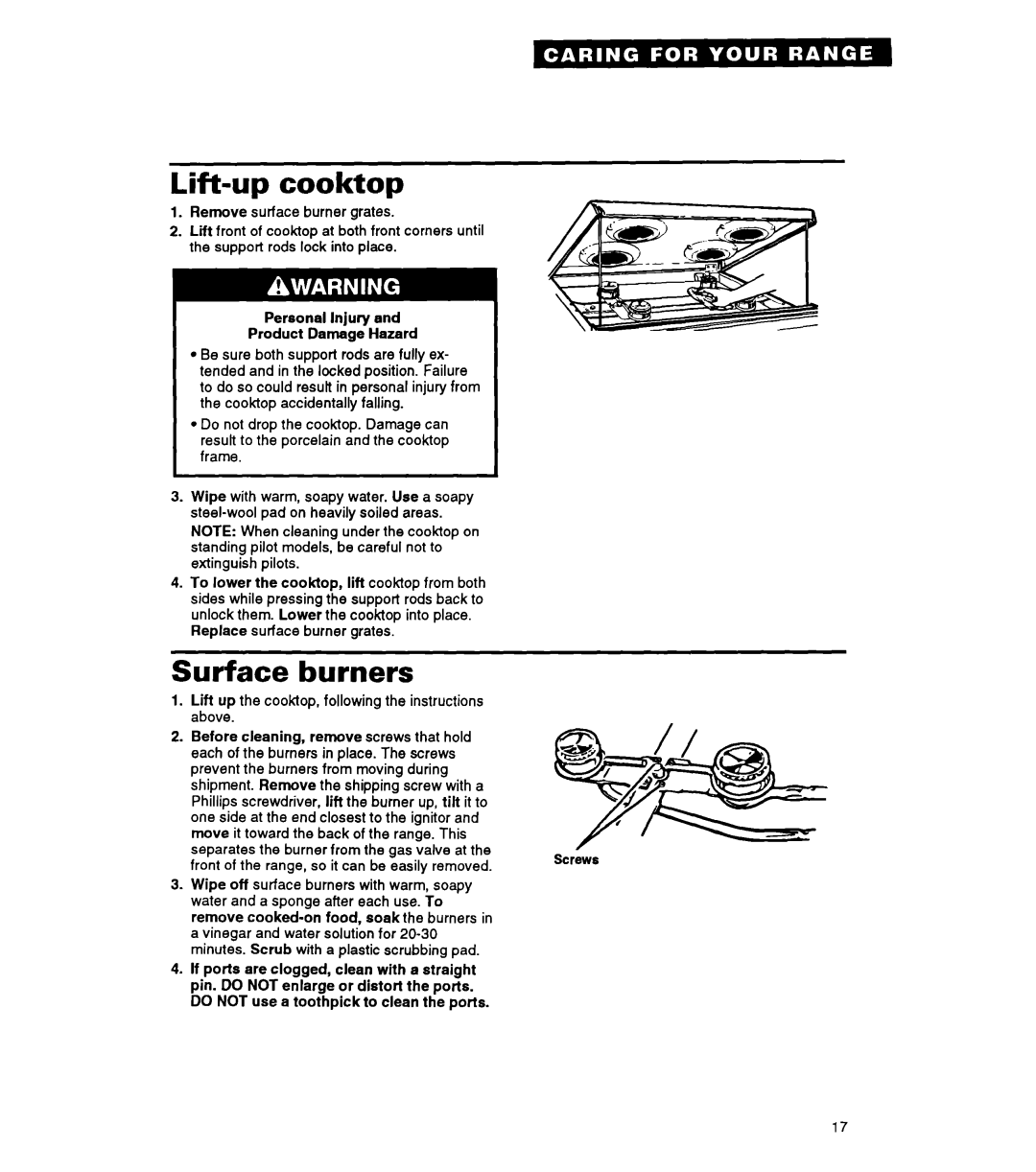 Whirlpool FGP325A manual Lift-upcooktop, Surface burners, Personal Injury and Product Damage Hazard 