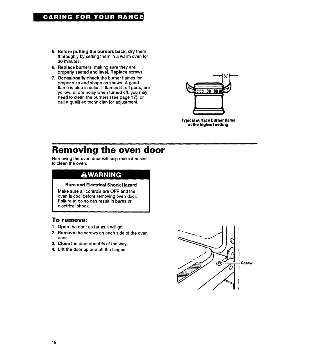 Whirlpool FGP325A manual Removing the oven door, To remove, Burn and Electrical Shock Hazard, s y.+, Screw, ‘A 