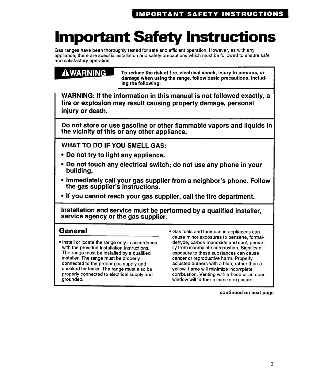 Whirlpool FGP325A manual Important Safety Instructions, General 