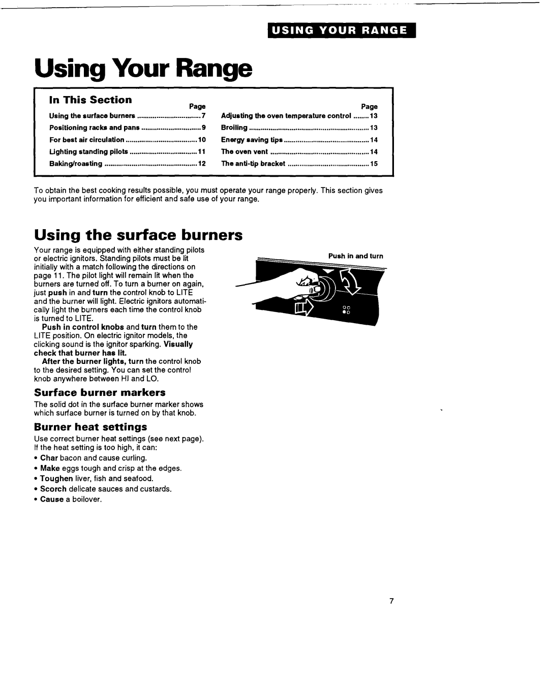 Whirlpool FGP325A Your, Range, Using the surface burners, This, Section, Surface burner markers, Burner heat settings 