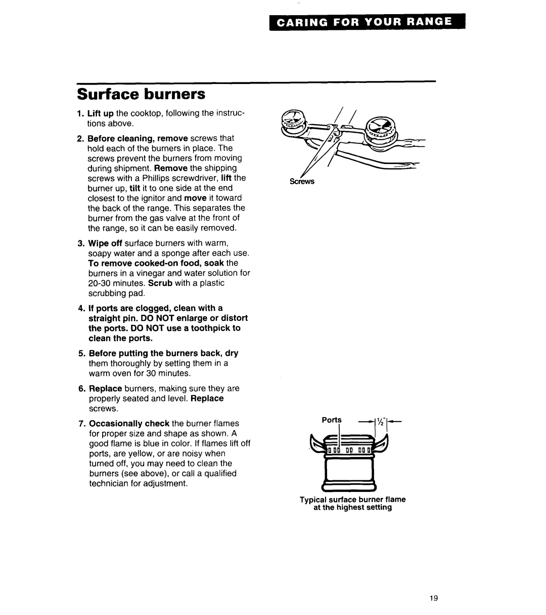 Whirlpool FLP310Y, FGP325Y, FGP320Y, FGP320A, FLP320A manual Surface burners 