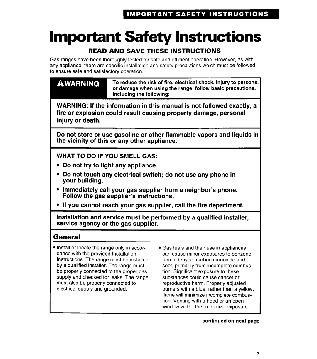 Whirlpool FLP320A, FGP325Y, FGP320Y, FGP320A, FLP310Y manual Important Safety Instructions, Read and Save These Instructions 