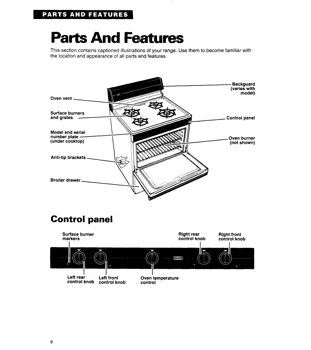 Whirlpool FGP320Y, FGP325Y, FGP320A, FLP320A, FLP310Y manual Parts And Features, Control panel 