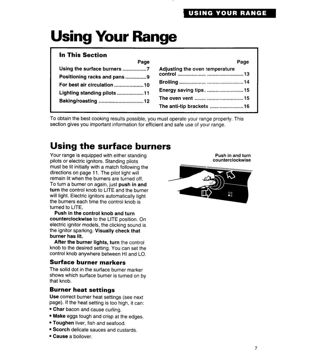 Whirlpool FGP320A manual Your Range, Using the surface burners, This Section, Surface burner markers, Burner heat settings 