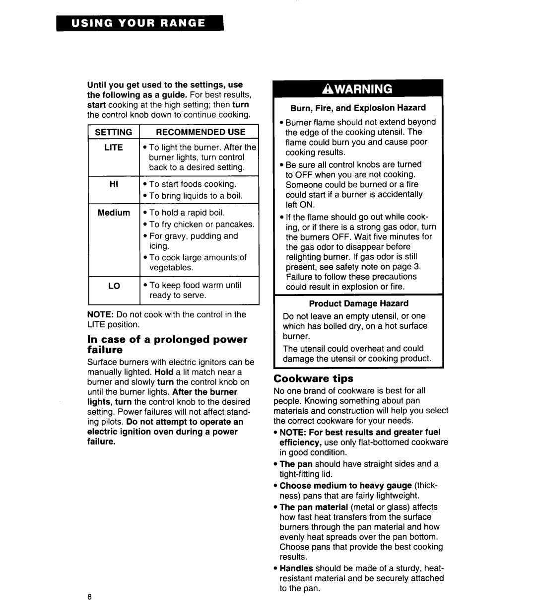 Whirlpool FLP320A, FGP325Y, FGP320Y, FGP320A manual Case of a prolonged power failure, Cookware tips, Setting Recommended USE 