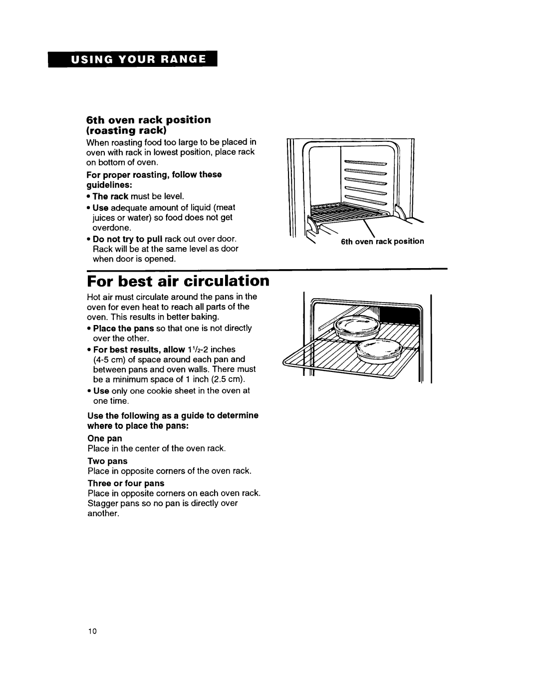 Whirlpool FGP335B warranty For best air circulation, 6th oven Rack position Roasting 