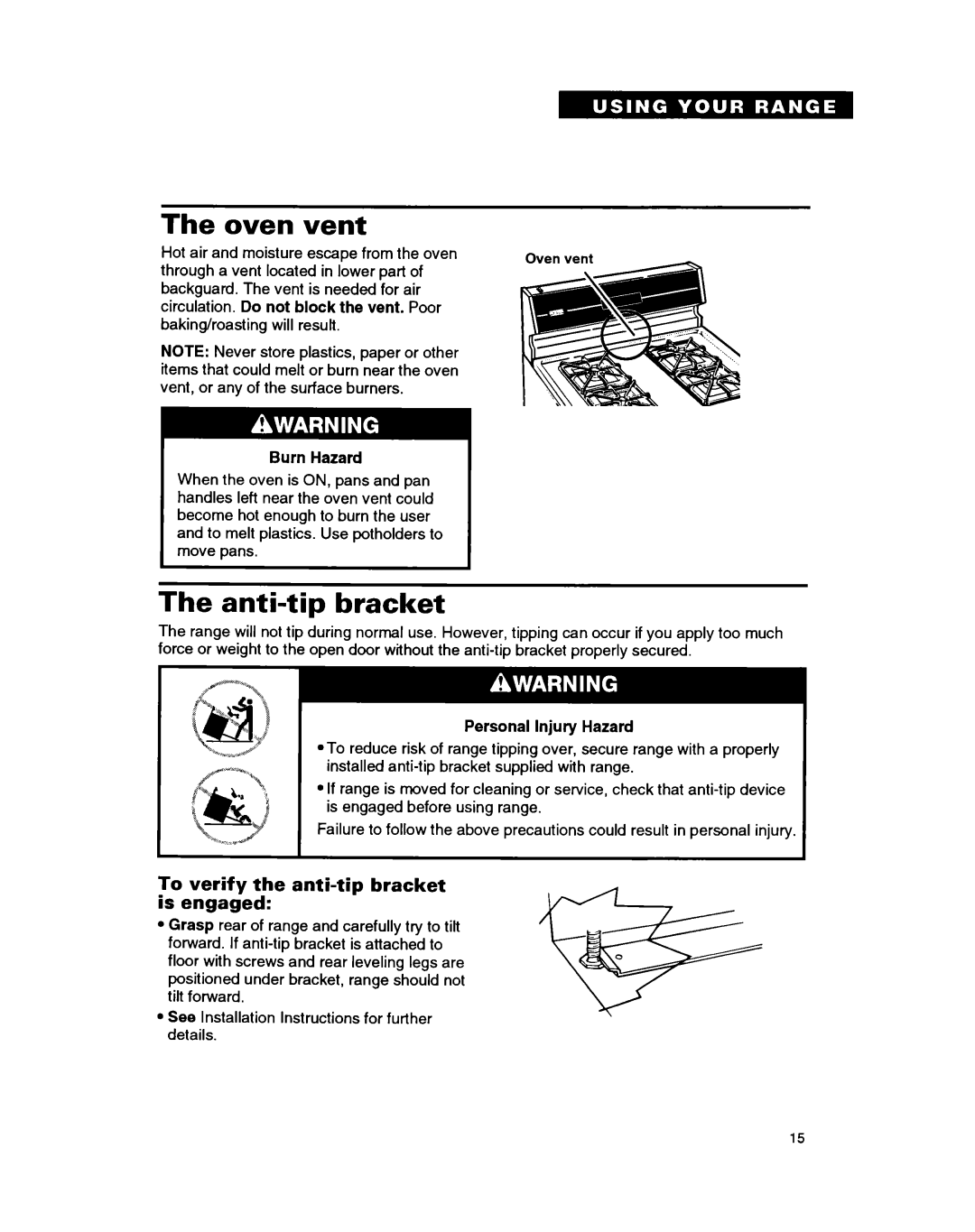 Whirlpool FGP335B warranty Oven vent, Anti-tip bracket, To verify the anti-tip bracket is engaged 