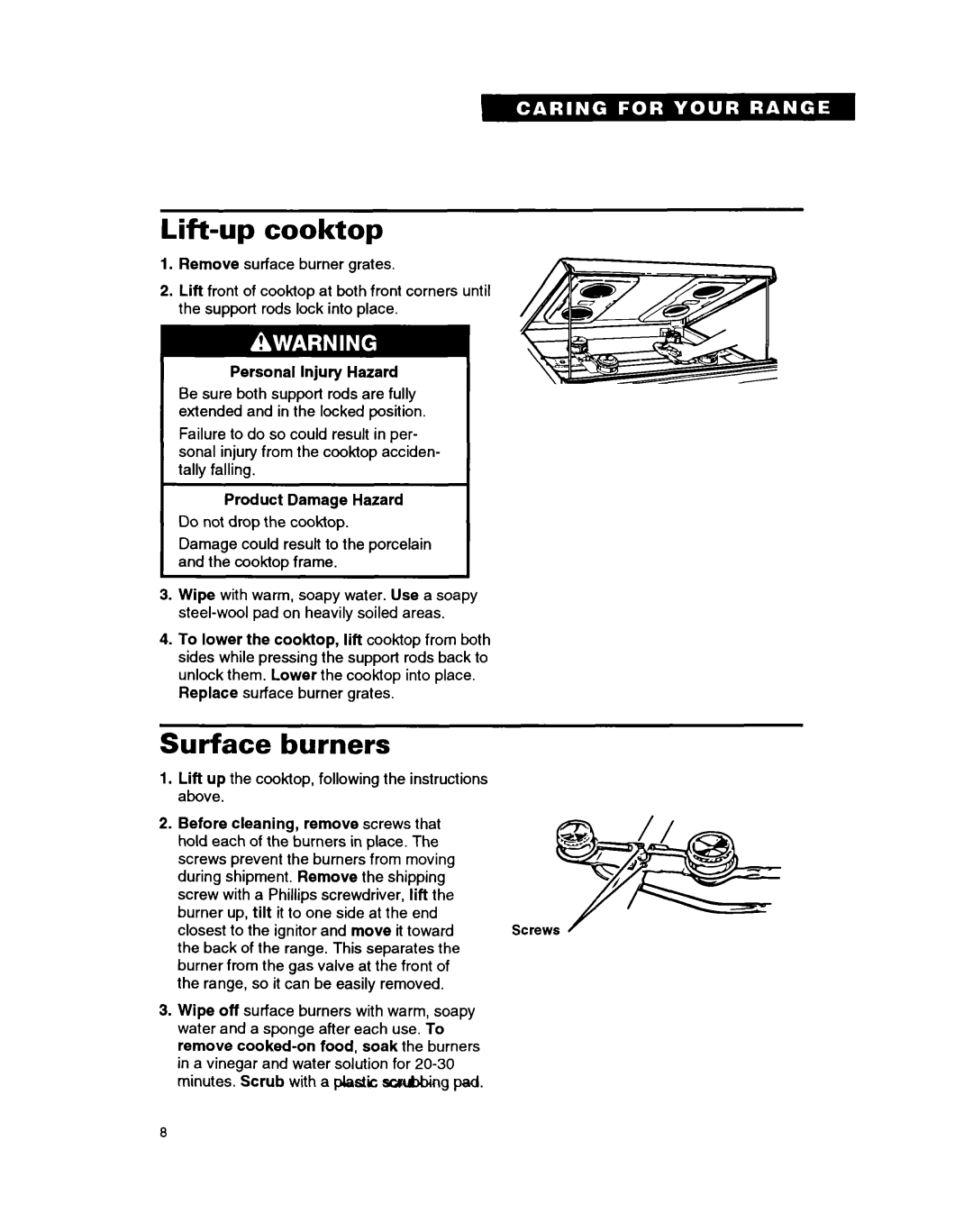 Whirlpool FGP335B warranty Lift-up cooktop, Surface burners 