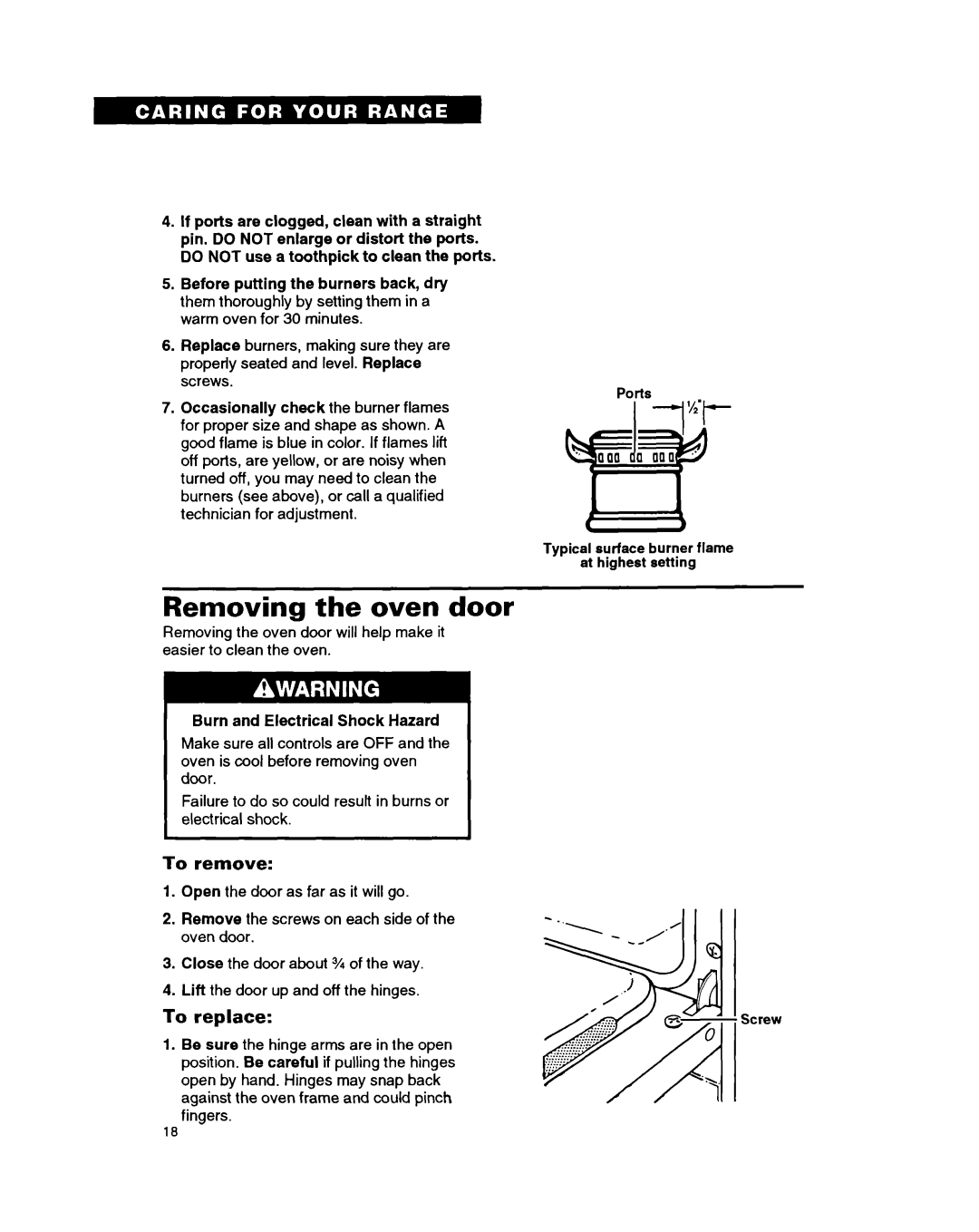 Whirlpool FGP335B warranty Removing the oven door, To remove, To replace 