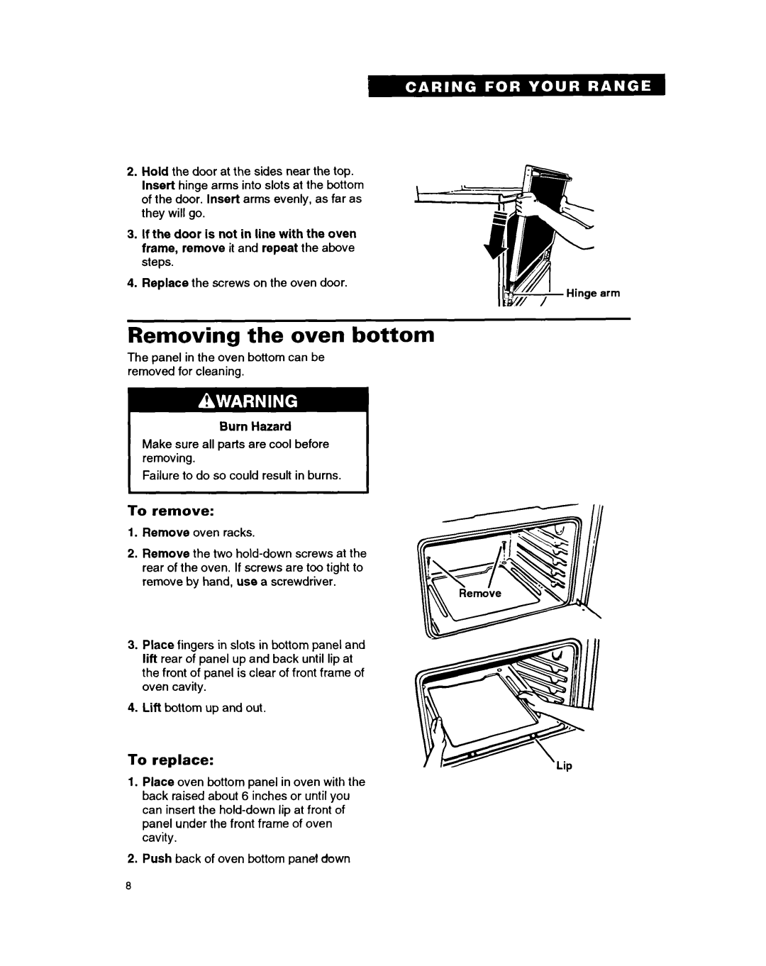 Whirlpool FGP335B warranty Removing the oven bottom 