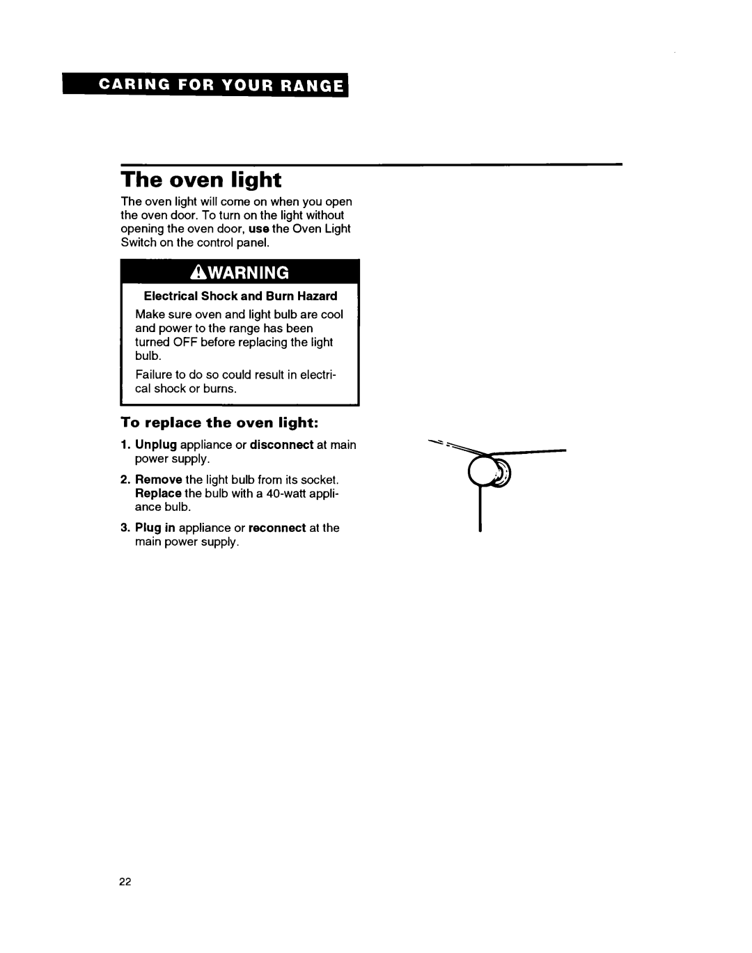 Whirlpool FGP335B warranty Oven light, To replace the oven light 