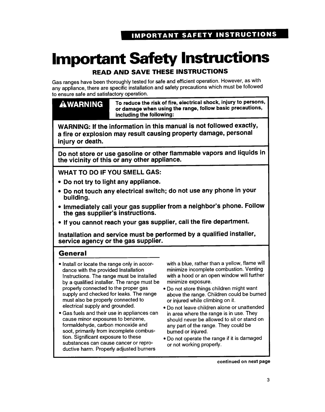 Whirlpool FGP335B warranty Important Safety Instructions, Read and Save These Instructions 