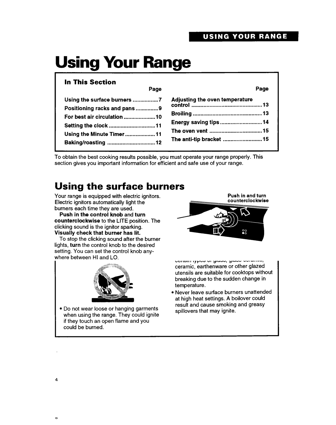 Whirlpool FGP335B warranty Your Range, Using the surface burners, This, Surface burner markers, Burner heat settings 