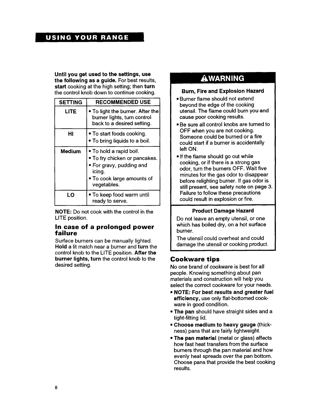 Whirlpool FGP335B warranty Case of a prolonged power failure, Cookware tips 