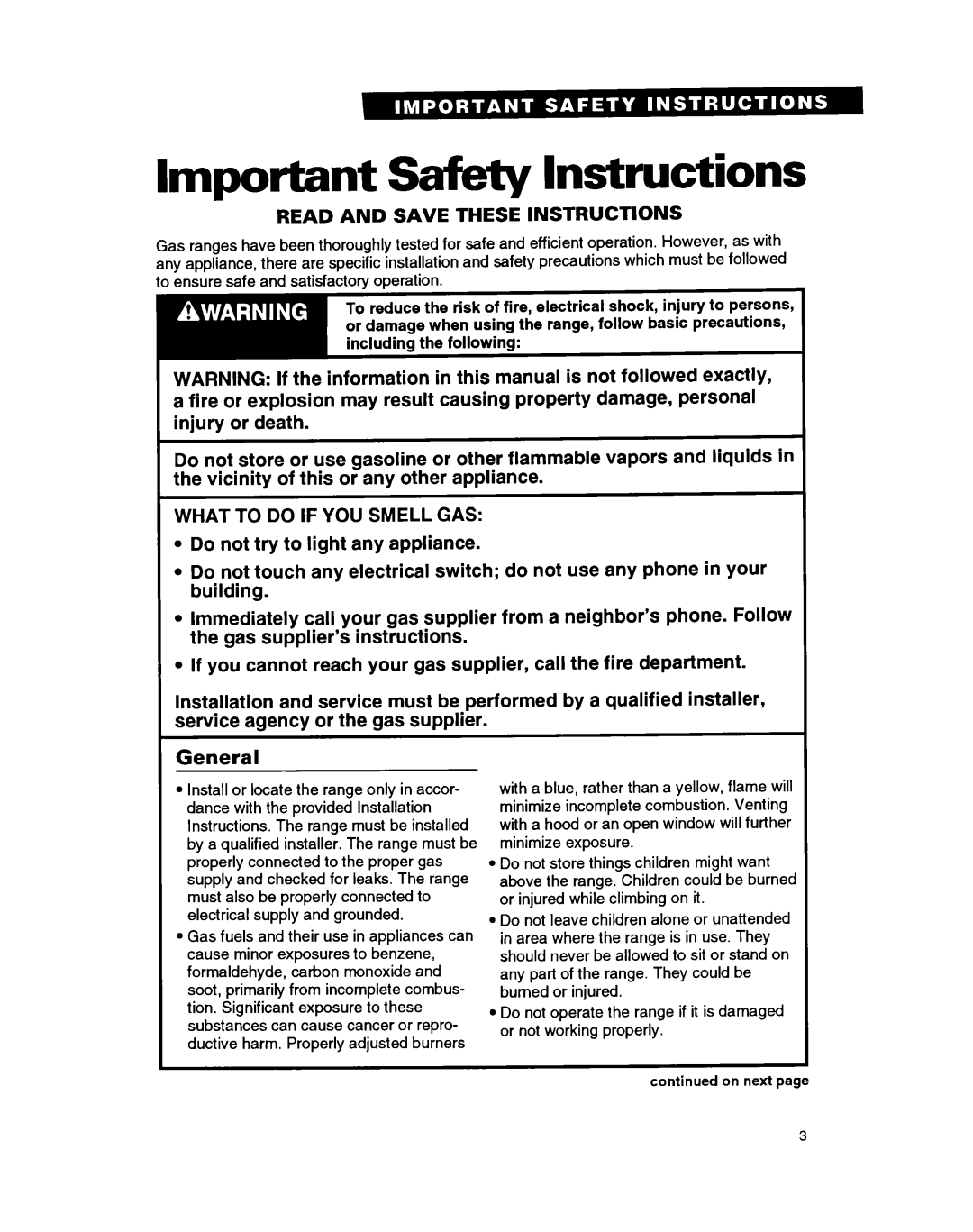 Whirlpool FGP335B warranty Important Safety Instructions, General 