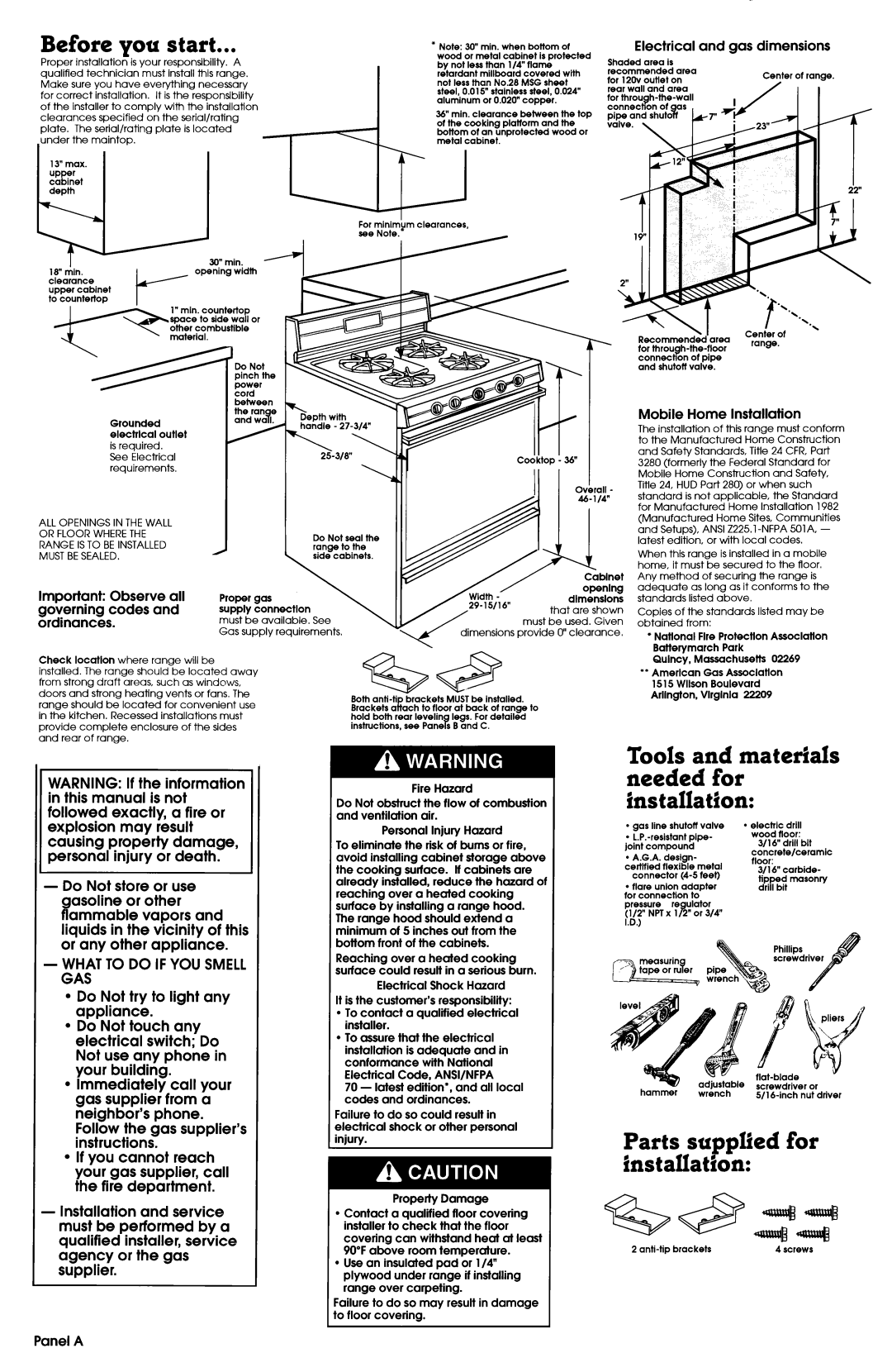 Whirlpool FGP335BL2 Before you start, Tools and materials needed for installation, Parts supplied for installation 