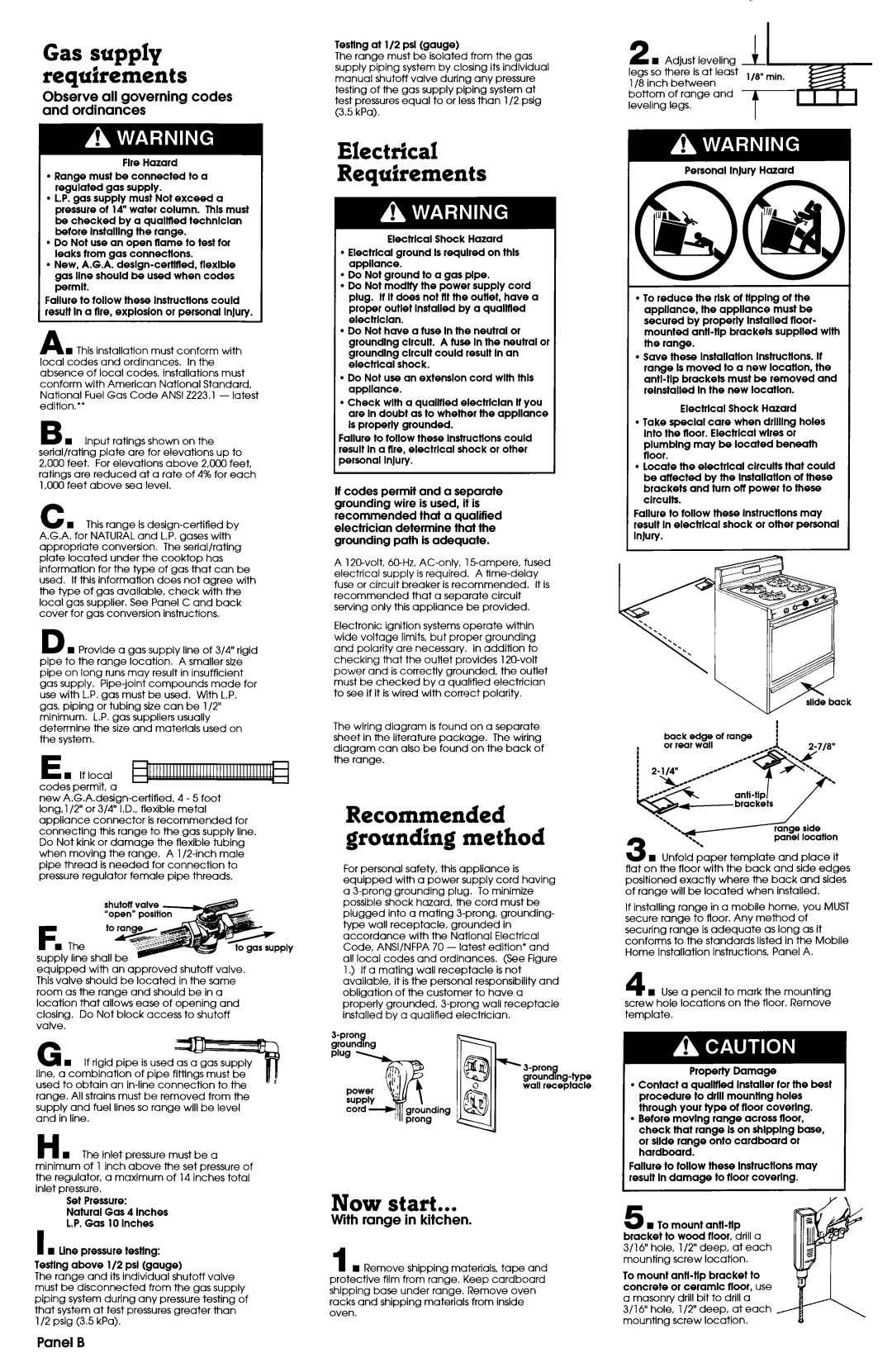 Whirlpool FGP335BL2 Electrical Requirements, Now start, Observe all governing codes and ordinances, With range in kitchen 