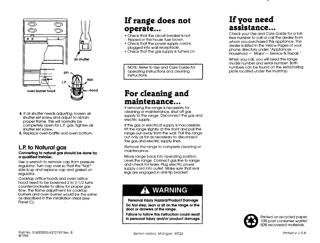 Whirlpool FGP335BL2 If range does not Operate, For cleaning Maintenance, Assistance, LA?to Natural gas 