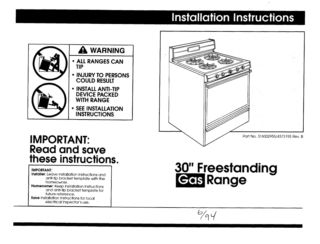 Whirlpool FGP335BL2 installation instructions lALL RANGES CAN TIP, ’ l INJURY TO PERSONS COULD RESULT, A Warning 