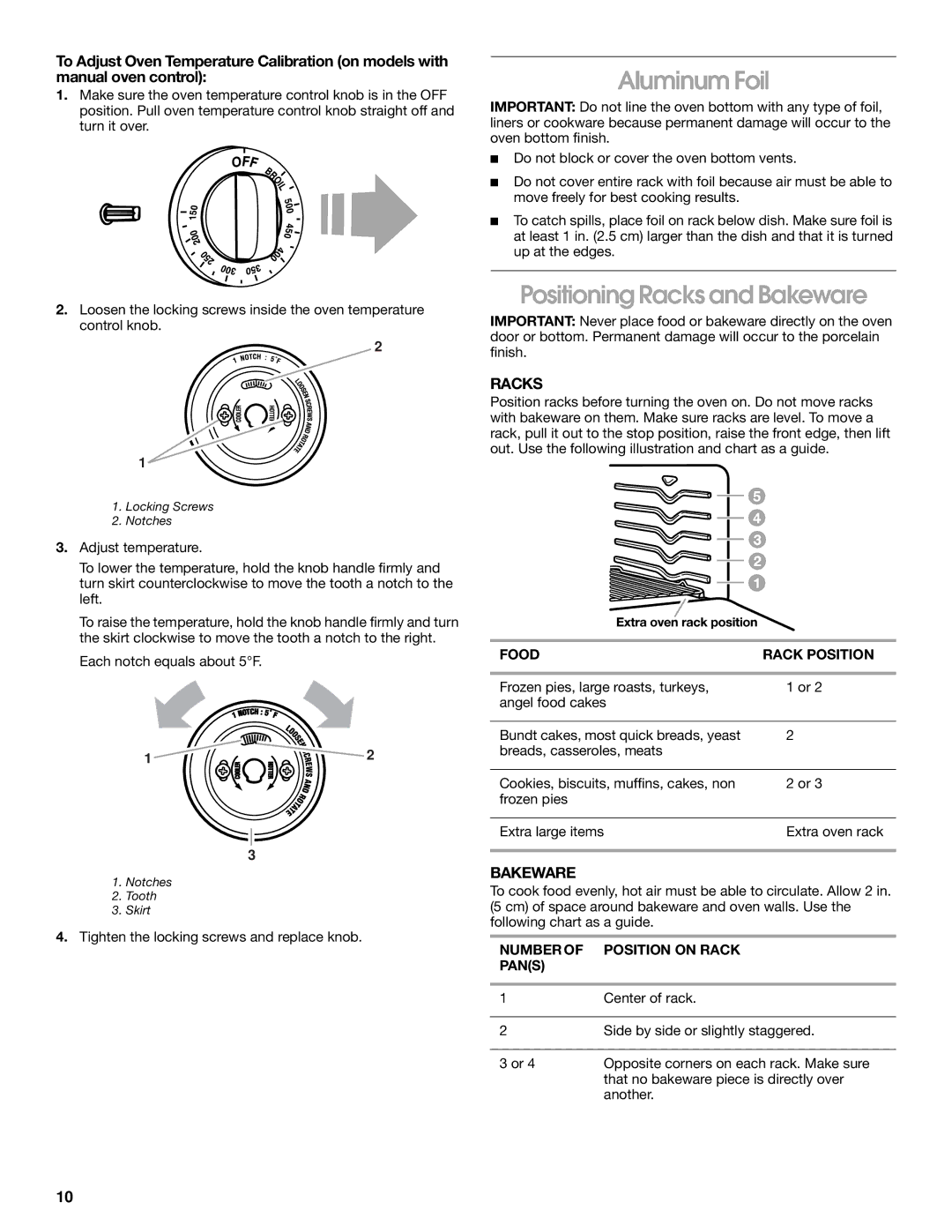 Whirlpool FGP325H manual Aluminum Foil, Positioning Racks and Bakeware, Food Rack Position, Number of Position on Rack Pans 