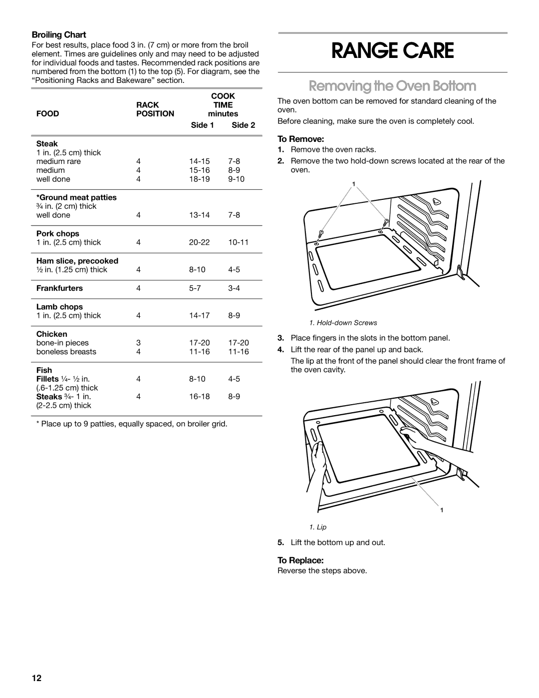 Whirlpool FGP335H, FGP325H, FGP337H manual Range Care, Removing the Oven Bottom, Broiling Chart, To Remove 