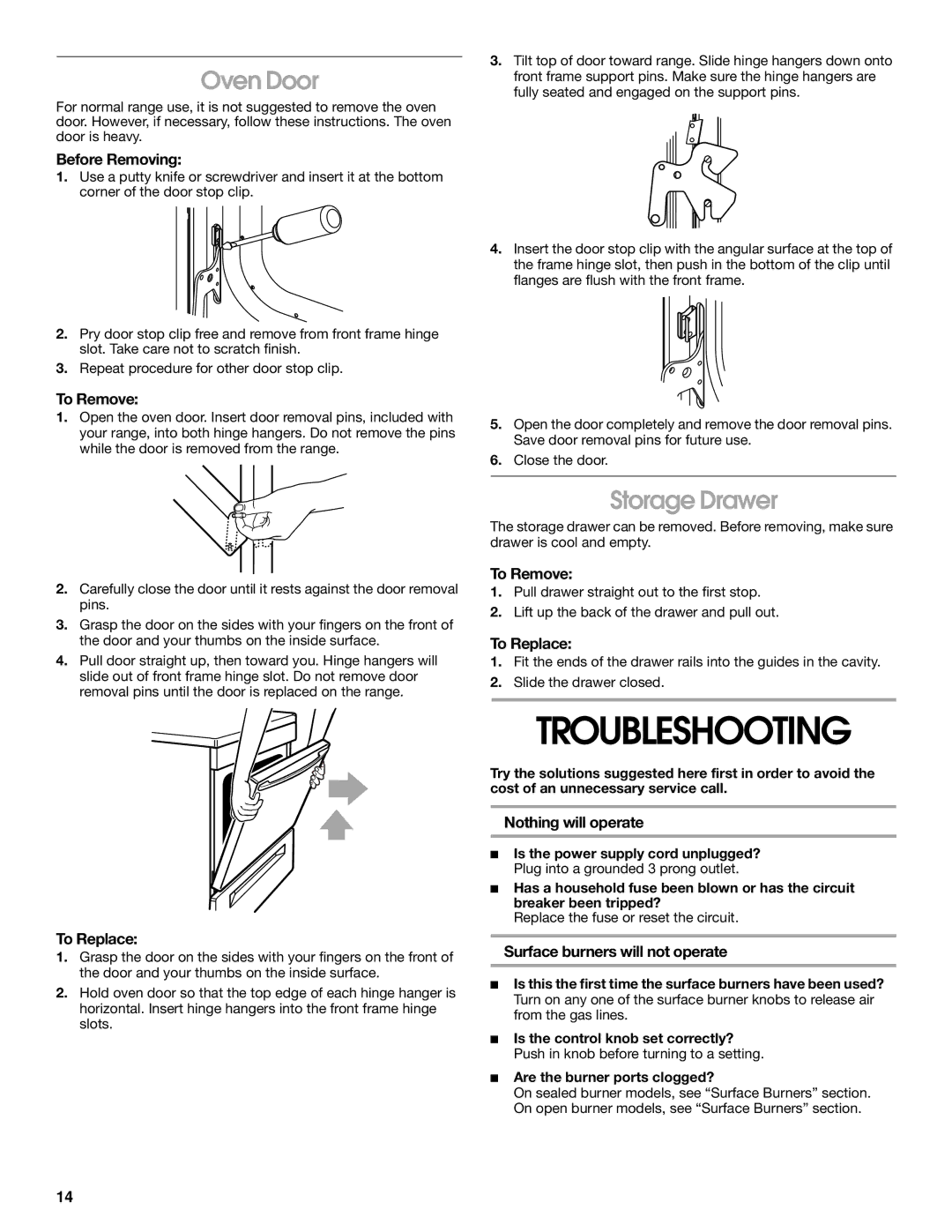 Whirlpool FGP337H, FGP335H, FGP325H manual Troubleshooting, Oven Door, Storage Drawer 