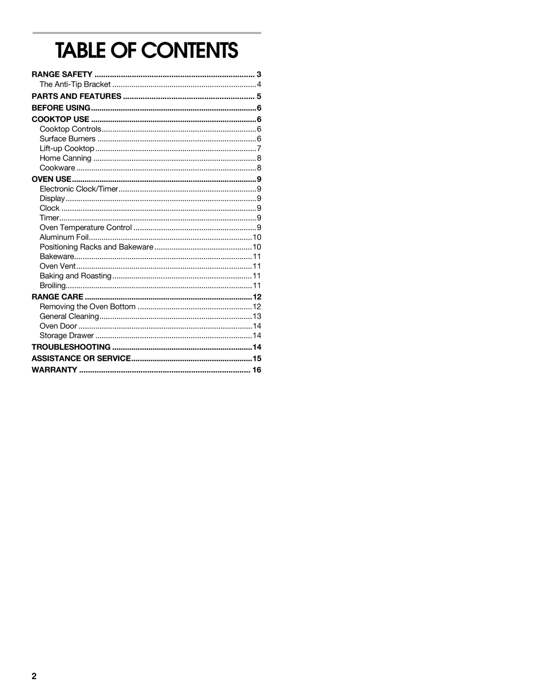 Whirlpool FGP337H, FGP335H, FGP325H manual Table of Contents 