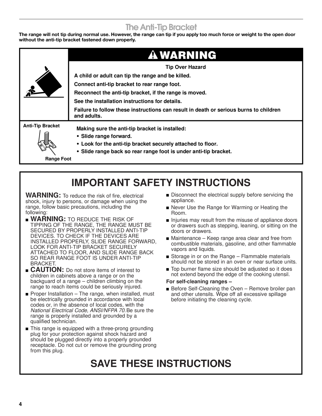 Whirlpool FGP325H The Anti-Tip Bracket, Important Safety Instructions, Save These Instructions, For self-cleaning ranges 