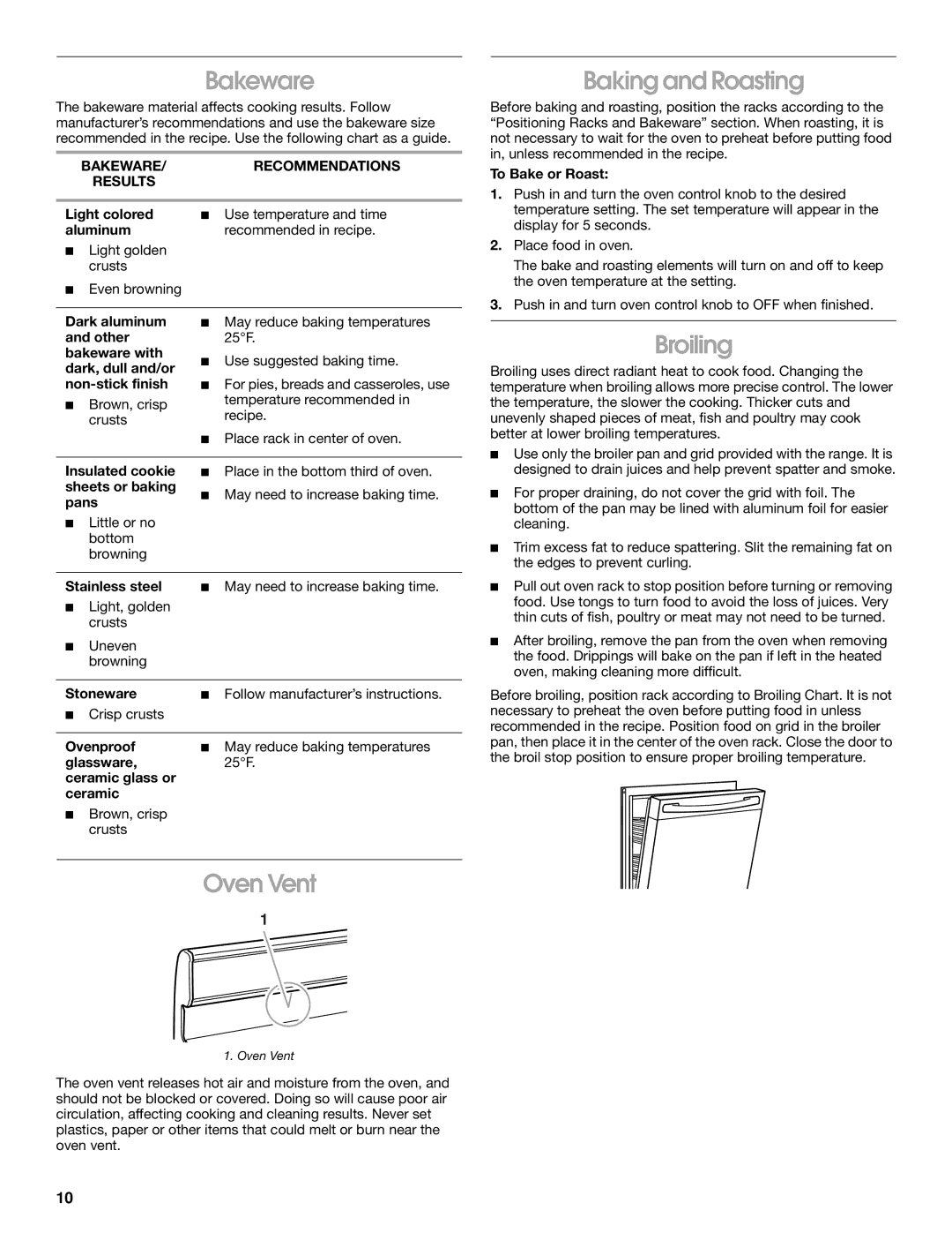 Whirlpool FGP337G manual Baking and Roasting, Broiling, Oven Vent, Bakeware Recommendations Results 