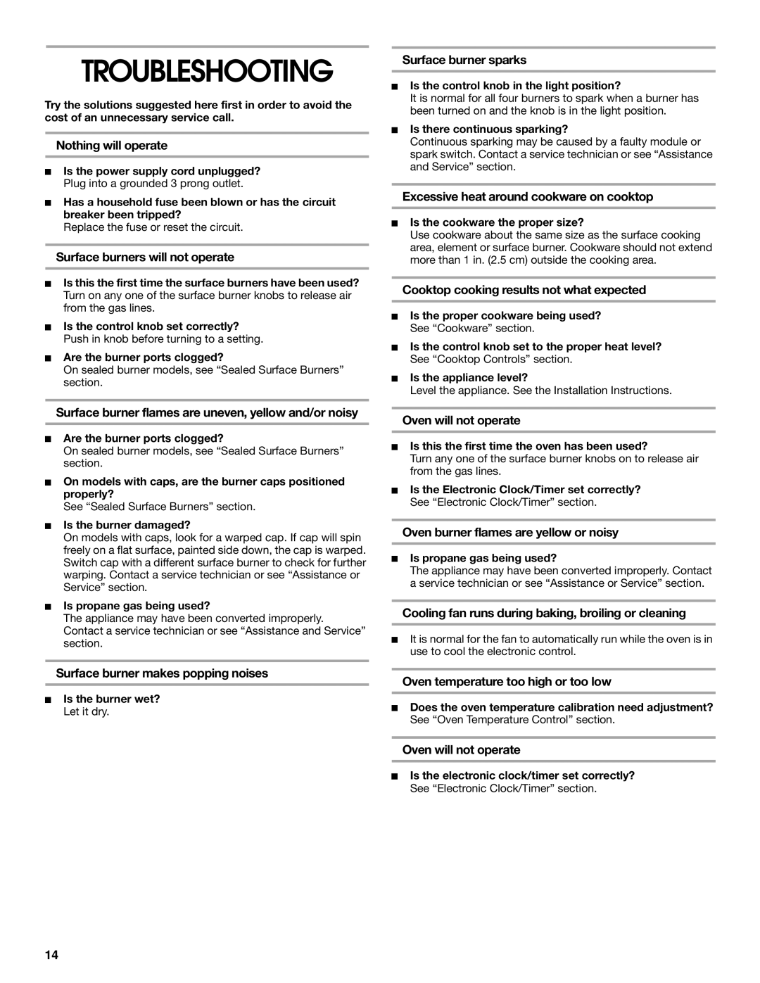 Whirlpool FGP337G manual Troubleshooting 