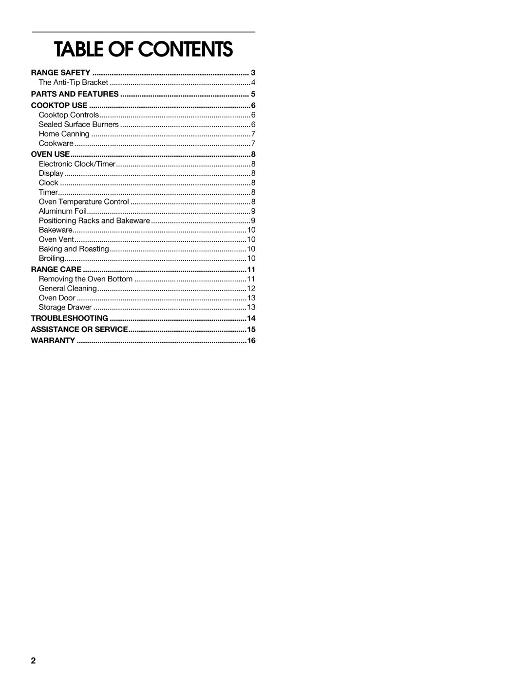 Whirlpool FGP337G manual Table of Contents 