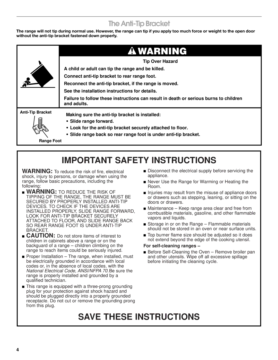 Whirlpool FGP337G manual Important Safety Instructions, Anti-Tip Bracket 