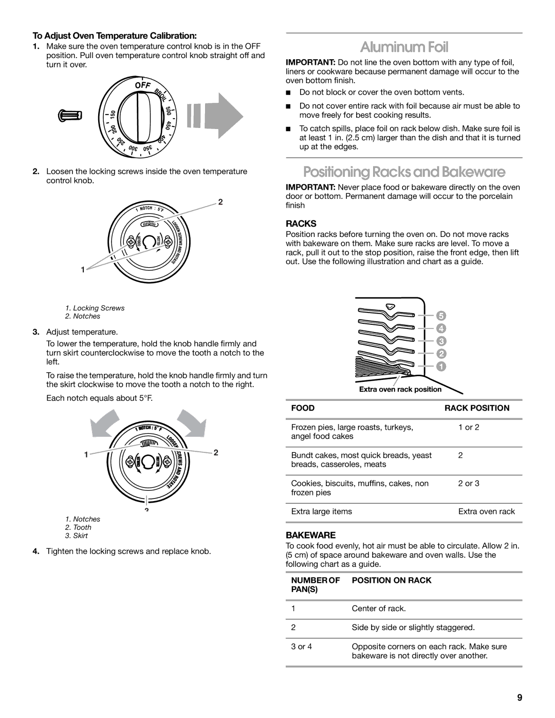 Whirlpool FGP337G manual Aluminum Foil, Positioning Racks and Bakeware, To Adjust Oven Temperature Calibration 