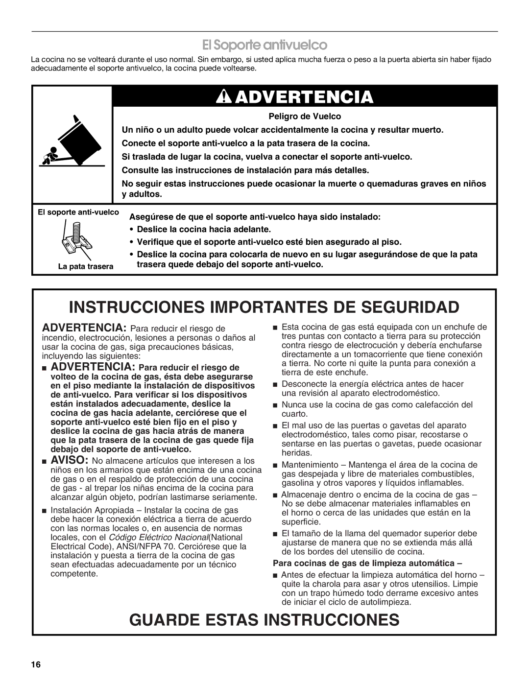 Whirlpool FGP337K0, FGP305K0, FGP300K0, FGP325K0 manual Advertencia, El Soporte antivuelco 