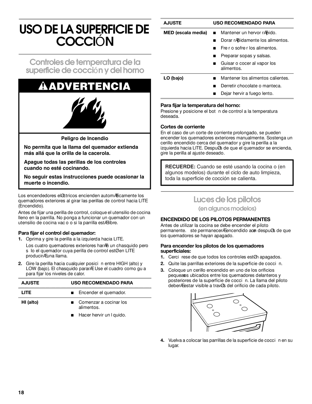 Whirlpool FGP300K0, FGP337K0, FGP305K0, FGP325K0 manual Cocción, Luces de los pilotos, Encendido DE LOS Pilotos Permanentes 