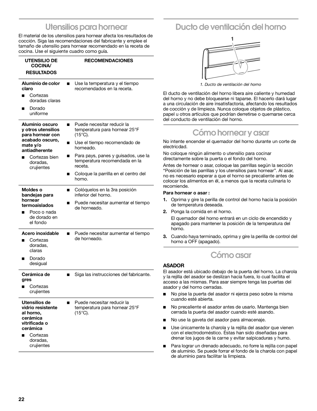 Whirlpool FGP300K0 manual Utensilios para hornear, Ducto de ventilación del horno, Cómo hornear y asar, Cómo asar, Asador 