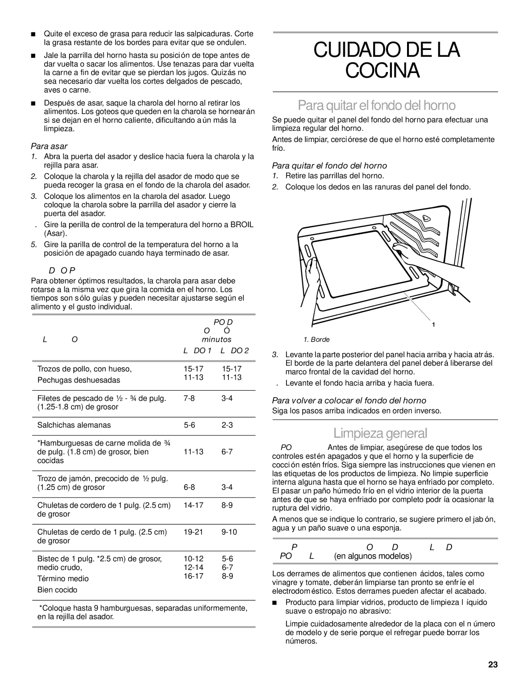 Whirlpool FGP325K0, FGP337K0 manual Cuidado DE LA Cocina, Para quitar el fondo del horno, Limpieza general, Cuadro Para Asar 