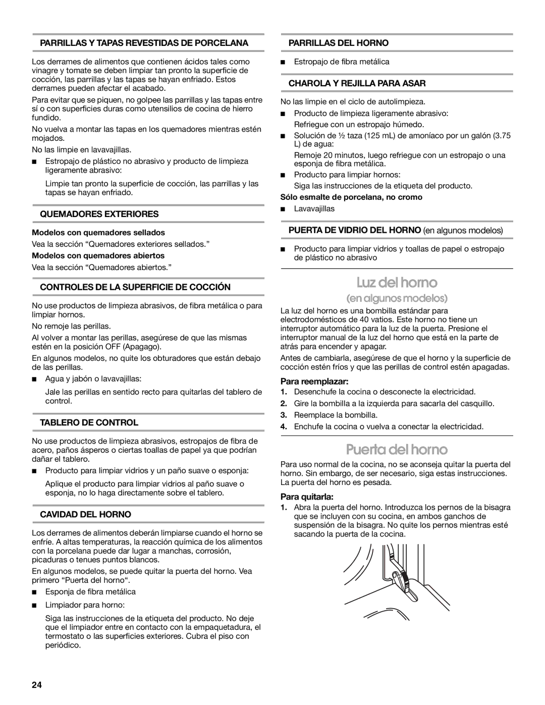 Whirlpool FGP337K0, FGP305K0, FGP300K0, FGP325K0 manual Luz del horno, Puerta del horno 