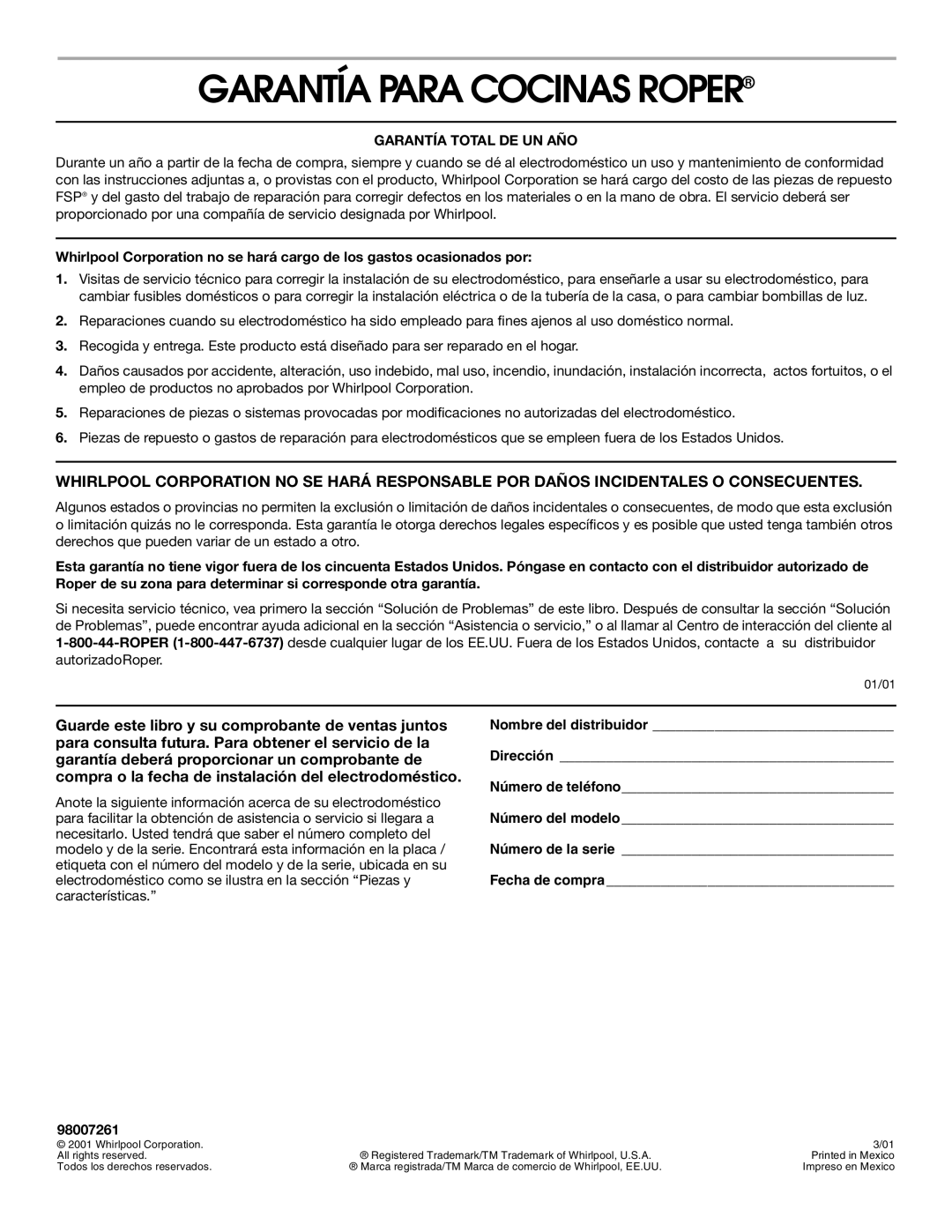 Whirlpool FGP337K0, FGP305K0, FGP300K0, FGP325K0 manual Garantía Para Cocinas Roper, Garantía Total DE UN AÑO 