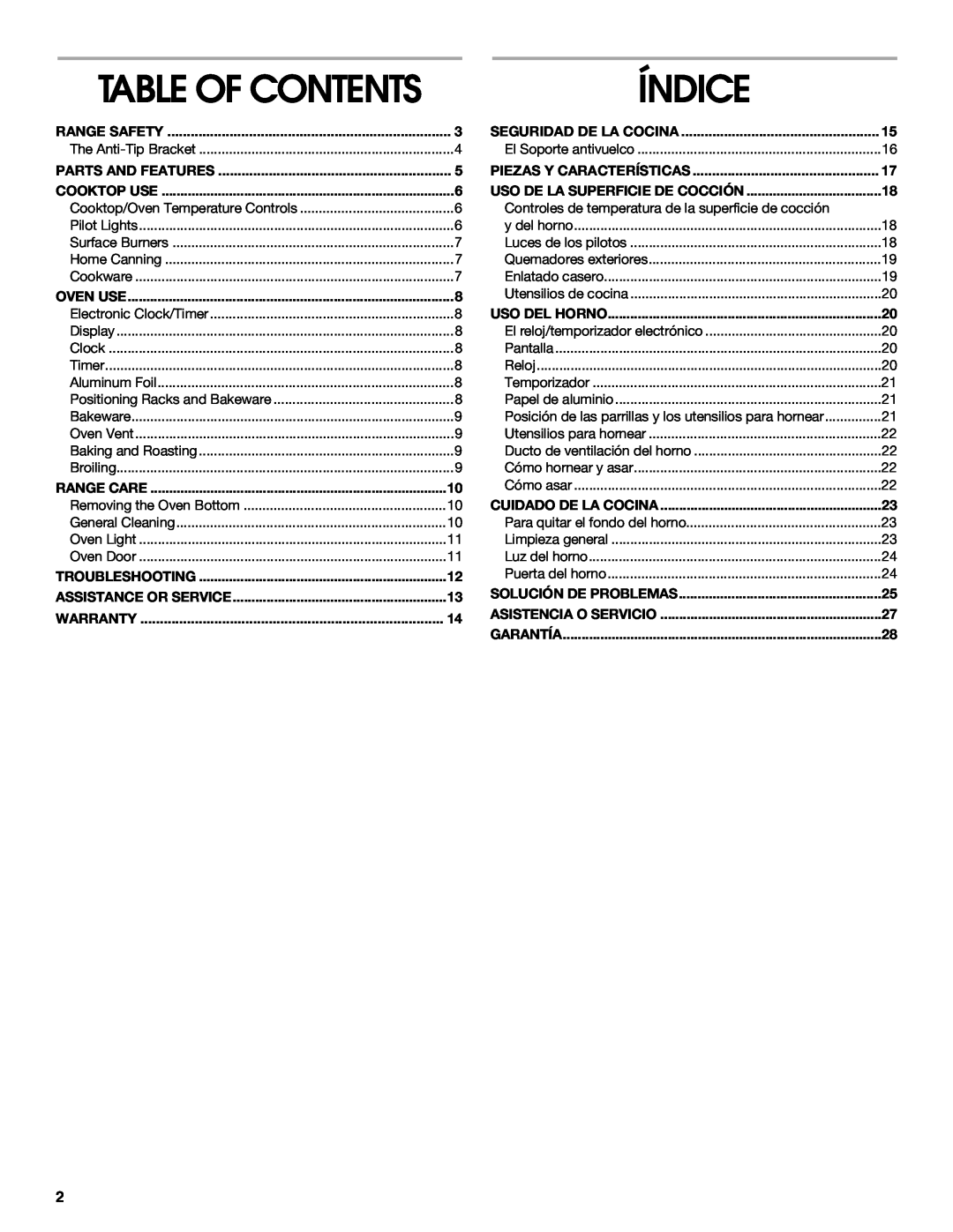 Whirlpool FGP300K0, FGP337K0, FGP305K0, FGP325K0 manual Índice, Table Of Contents 