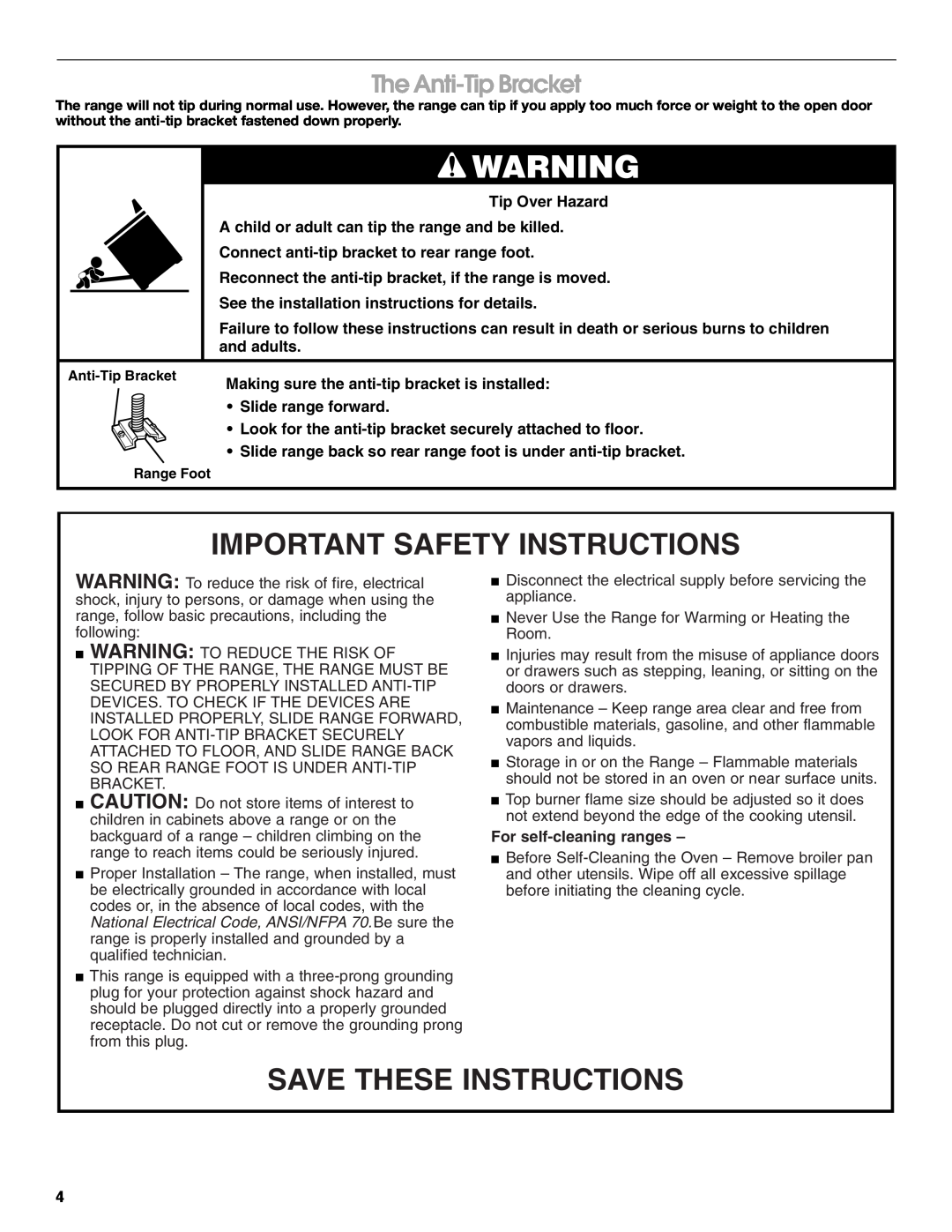 Whirlpool FGP337K0 Important Safety Instructions, Save These Instructions, The Anti-Tip Bracket, For self-cleaning ranges 