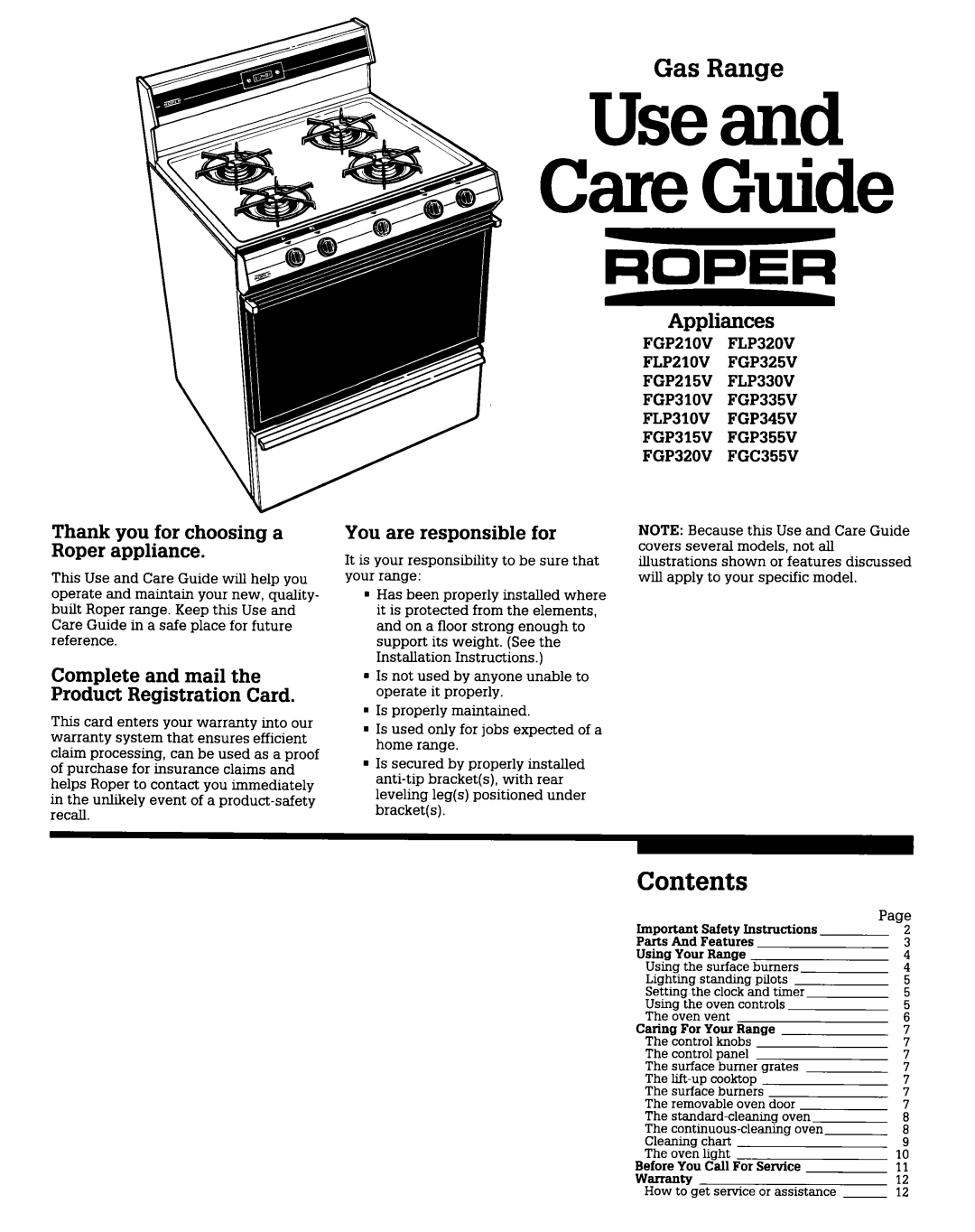 Whirlpool FGP355V, FGP345V, FGP335V FLP310V, FGP325V, FGP320V, FGP310V, FGP315V, FGC355V, FLPZlOV warranty Gas Range, Contents 