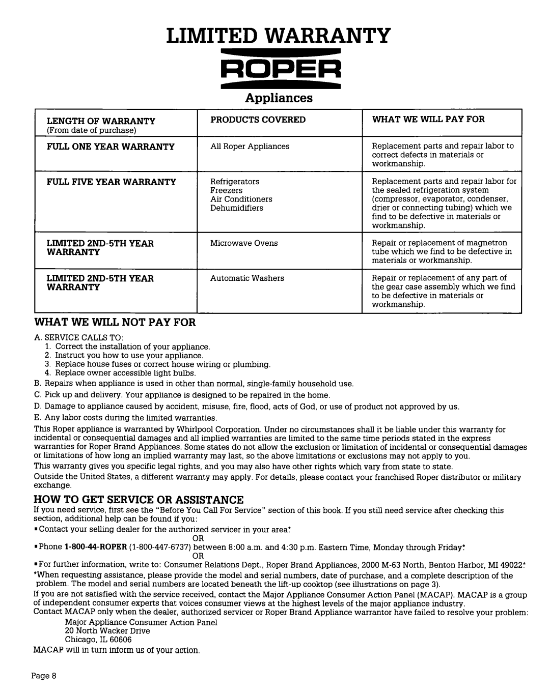 Whirlpool FGP345V, FGP355V Length of Warranty, Full ONE Year Warranty, Full Five Year Warranty, Limited 2ND-5TH Year 