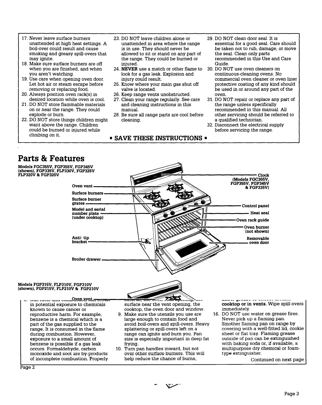 Whirlpool FGP325V, FGP345V, FGP355V, FGP335V FLP310V, FGP320V, FGP310V, FGP315V, FGC355V, FLPZlOV, FLP320V warranty Parts 81Features 