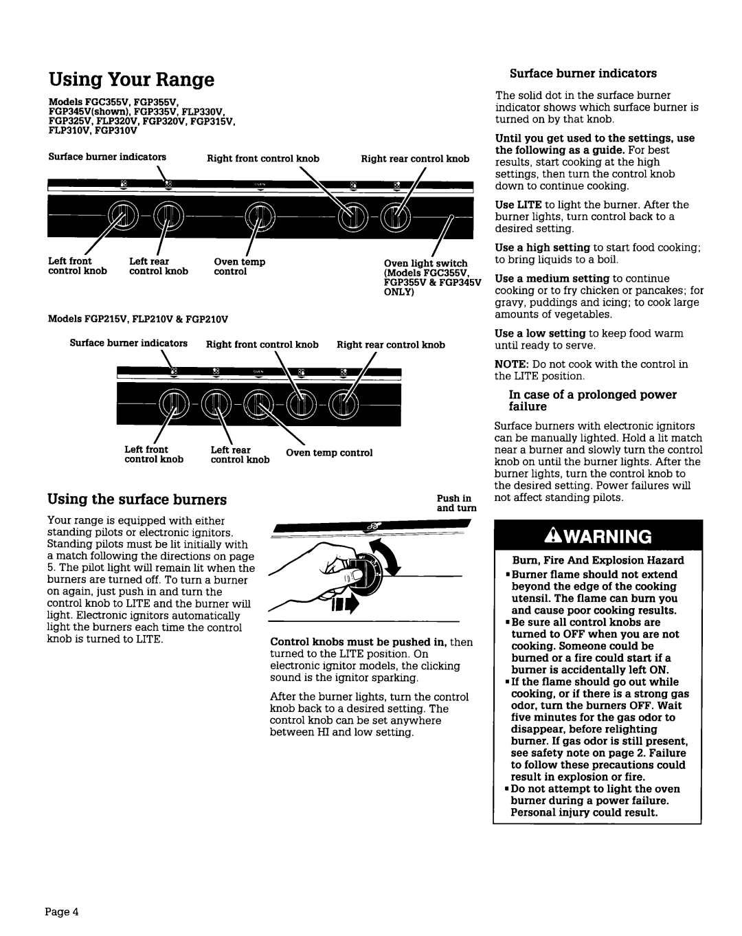 Whirlpool FGP320V, FGP345V, FGP355V, FGP335V FLP310V, FGP325V, FGP310V Using Your Range, Using the surface burners, Page4 