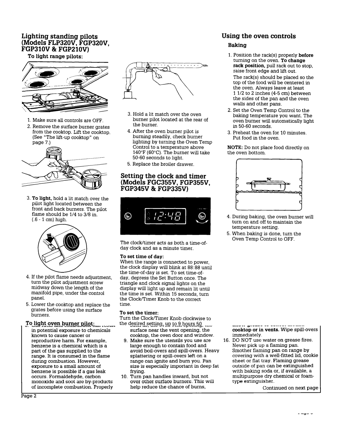 Whirlpool FGP310V warranty Using the oven controls Baking, To light oven burner pilot, To set time of day, To set the timer 