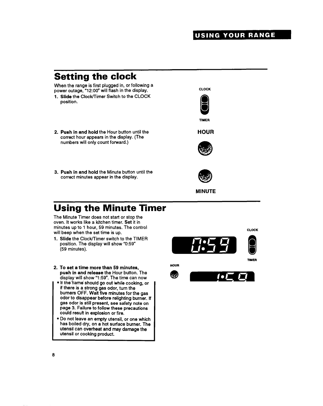 Whirlpool FGC355Y, FGP355Y, FGP345Y, FGP335Y Setting the clock, Using the Minute Timer, Ynute Clock 