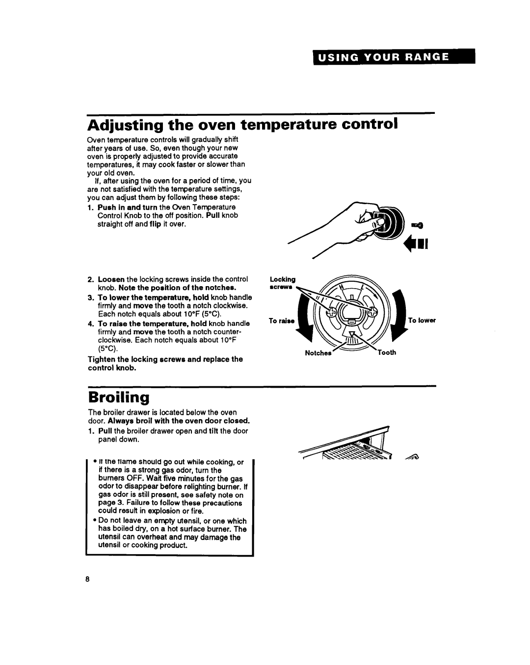 Whirlpool FGP345Y, FGP355Y, FGP335Y, FGC355Y important safety instructions Adjusting the oven temperature control, Broiling 