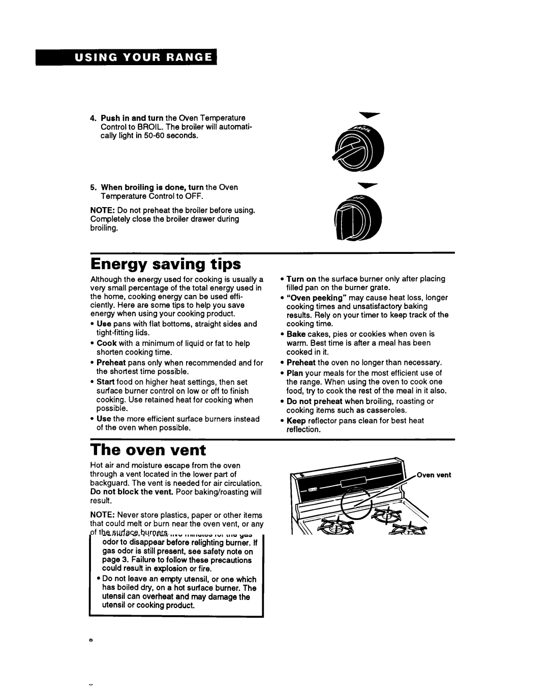 Whirlpool FGP335Y, FGP355Y, FGP345Y, FGC355Y important safety instructions Energy saving tips, Oven vent 