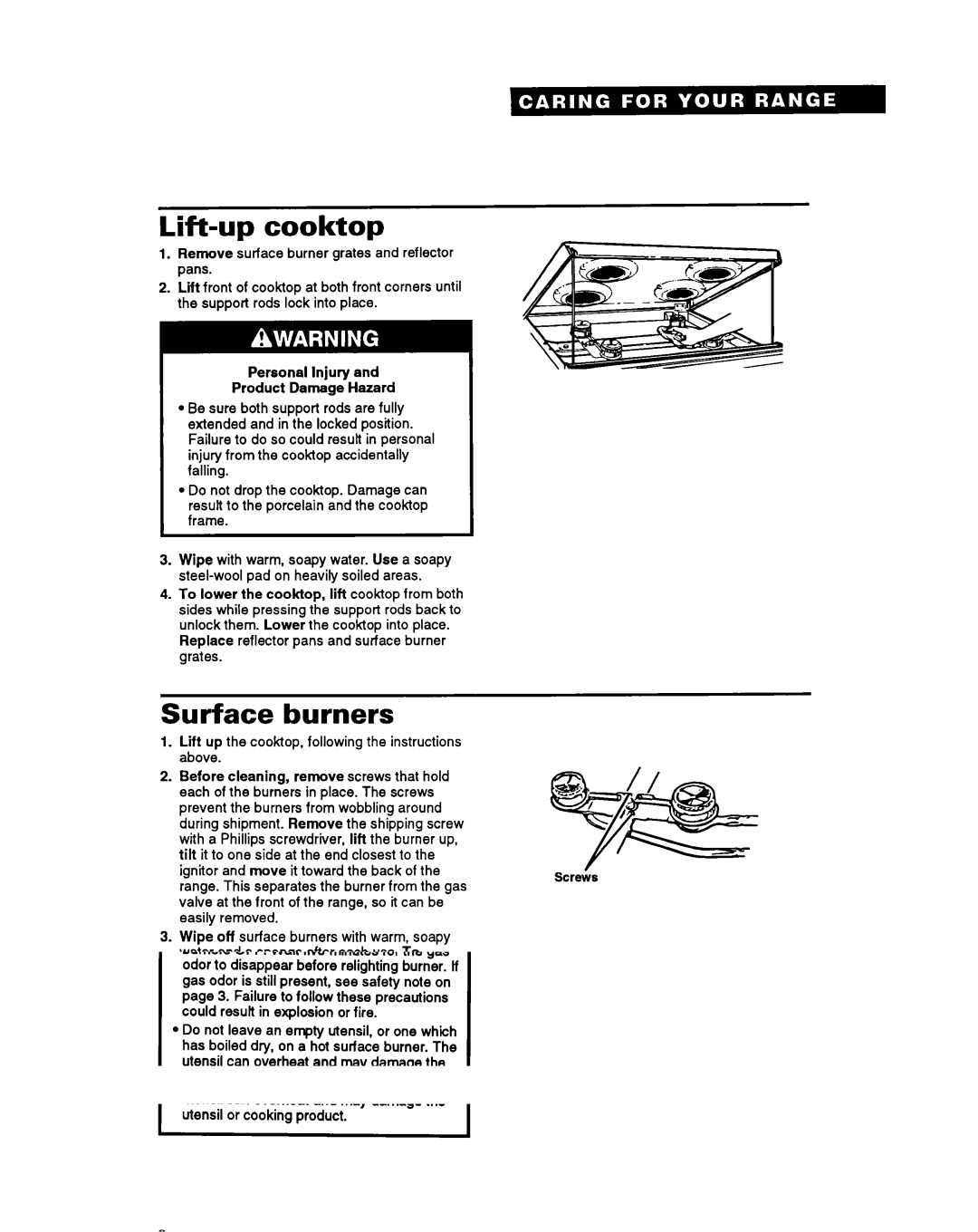 Whirlpool FGP345Y, FGP355Y, FGP335Y, FGC355Y important safety instructions Lift-up cooktop, Surface burners 